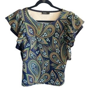 Izuria Navy Blue Paisley Dotted Flutter Sleeve Ruffle Blouse Top Large